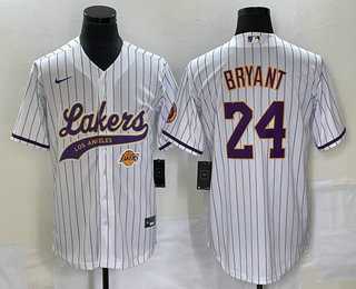 Mens Los Angeles Lakers #24 Kobe Bryant White Pinstripe With Patch Cool Base Stitched Baseball Jersey
